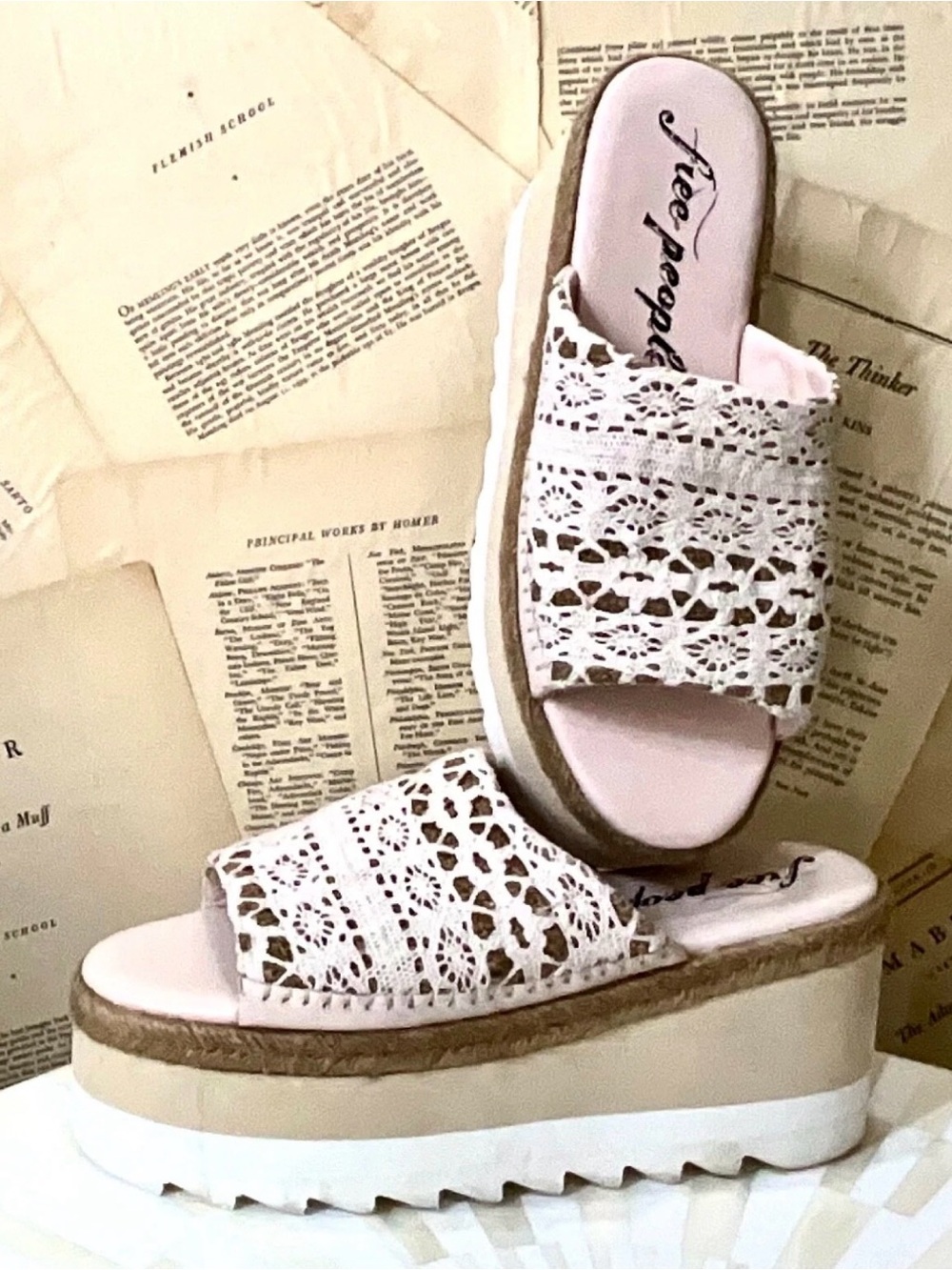Free People Santorini Espadrille Platform Sandal Slide Crochet Plaster
